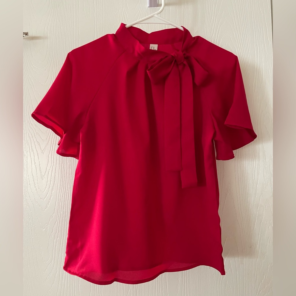 SheIn women’s side bow tie neck short sleeve blouse red XS